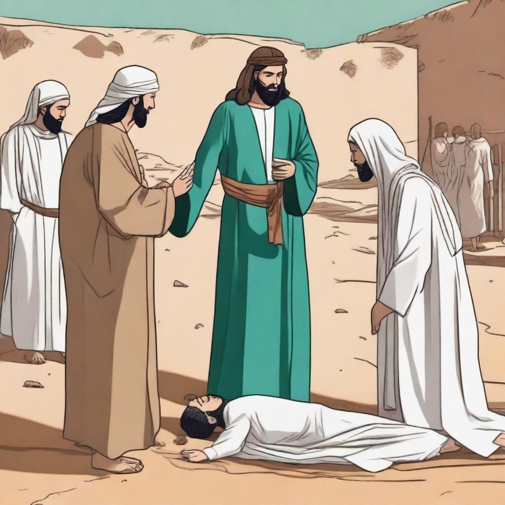 Illustrate the moment when Prophet Isa (Jesus) performs a miracle by bringing a dead person back to life with the permission of Allah SWT