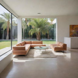 A first-floor seating area encased in three walls of glass, with a large cutout in the floor. A lush palm tree springs from this cutout, becoming a focal point within the space.