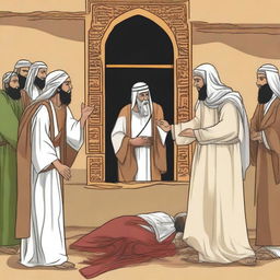 Illustrate the moment when Prophet Isa (Jesus) performs a miracle by bringing a dead person back to life with the permission of Allah SWT