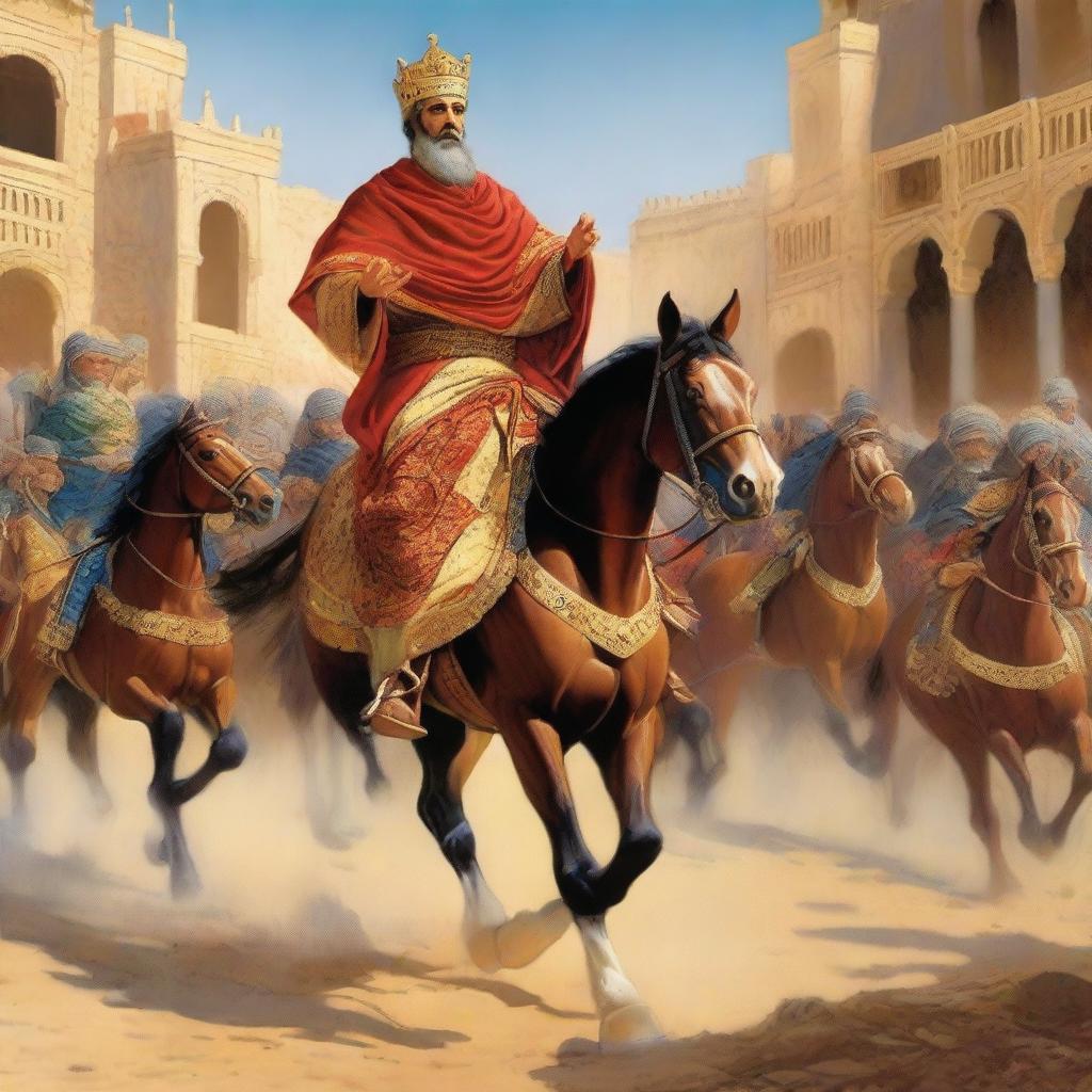 Illustrate the moment when King Herod and his soldiers are riding horses while searching for Prophet Isa (Jesus)