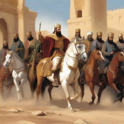 Illustrate the moment when King Herod and his soldiers are riding horses while searching for Prophet Isa (Jesus)