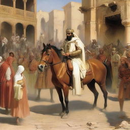Illustrate the moment when King Herod and his soldiers are riding horses while searching for Prophet Isa (Jesus)