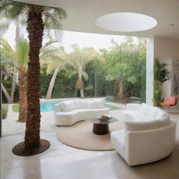 A first-floor seating area encased in three walls of glass, with a large cutout in the floor. A lush palm tree springs from this cutout, becoming a focal point within the space.