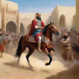 Illustrate the moment when King Herod and his soldiers are riding horses while searching for Prophet Isa (Jesus)