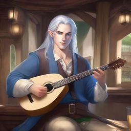 A handsome half-elf bard with blue eyes and long silver hair tied into a ponytail plays the lute against the backdrop of a lively tavern