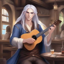 A handsome half-elf bard with blue eyes and long silver hair tied into a ponytail plays the lute against the backdrop of a lively tavern