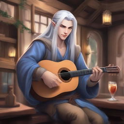 A handsome half-elf bard with blue eyes and long silver hair tied into a ponytail plays the lute against the backdrop of a lively tavern
