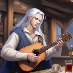 A handsome half-elf bard with blue eyes and long silver hair tied into a ponytail plays the lute against the backdrop of a lively tavern