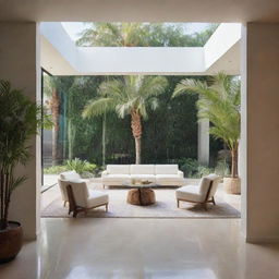 A first-floor seating area encased in three walls of glass, with a large cutout in the floor. A lush palm tree springs from this cutout, becoming a focal point within the space.