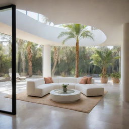 A first-floor seating area encased in three walls of glass, with a large cutout in the floor. A lush palm tree springs from this cutout, becoming a focal point within the space.