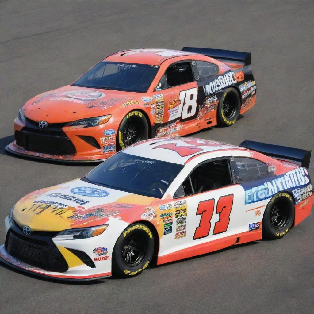 A Toyota car reimagined in NASCAR fashion with vibrant colors, race prepared alterations, and bearing numerous sponsor stickers.