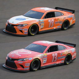 A Toyota car reimagined in NASCAR fashion with vibrant colors, race prepared alterations, and bearing numerous sponsor stickers.