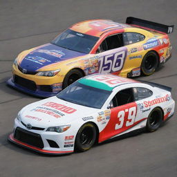 A Toyota car reimagined in NASCAR fashion with vibrant colors, race prepared alterations, and bearing numerous sponsor stickers.