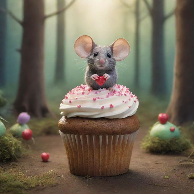 Create an illustration of a small mouse in the heart of a magical forest, staring in awe at a whimsically decorated cupcake flying above it, casting an enchanting shadow.