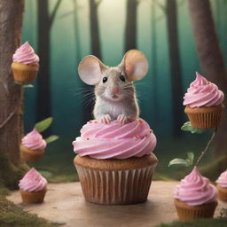 Create an illustration of a small mouse in the heart of a magical forest, staring in awe at a whimsically decorated cupcake flying above it, casting an enchanting shadow.