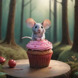 Create an illustration of a small mouse in the heart of a magical forest, staring in awe at a whimsically decorated cupcake flying above it, casting an enchanting shadow.
