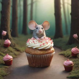 Create an illustration of a small mouse in the heart of a magical forest, staring in awe at a whimsically decorated cupcake flying above it, casting an enchanting shadow.