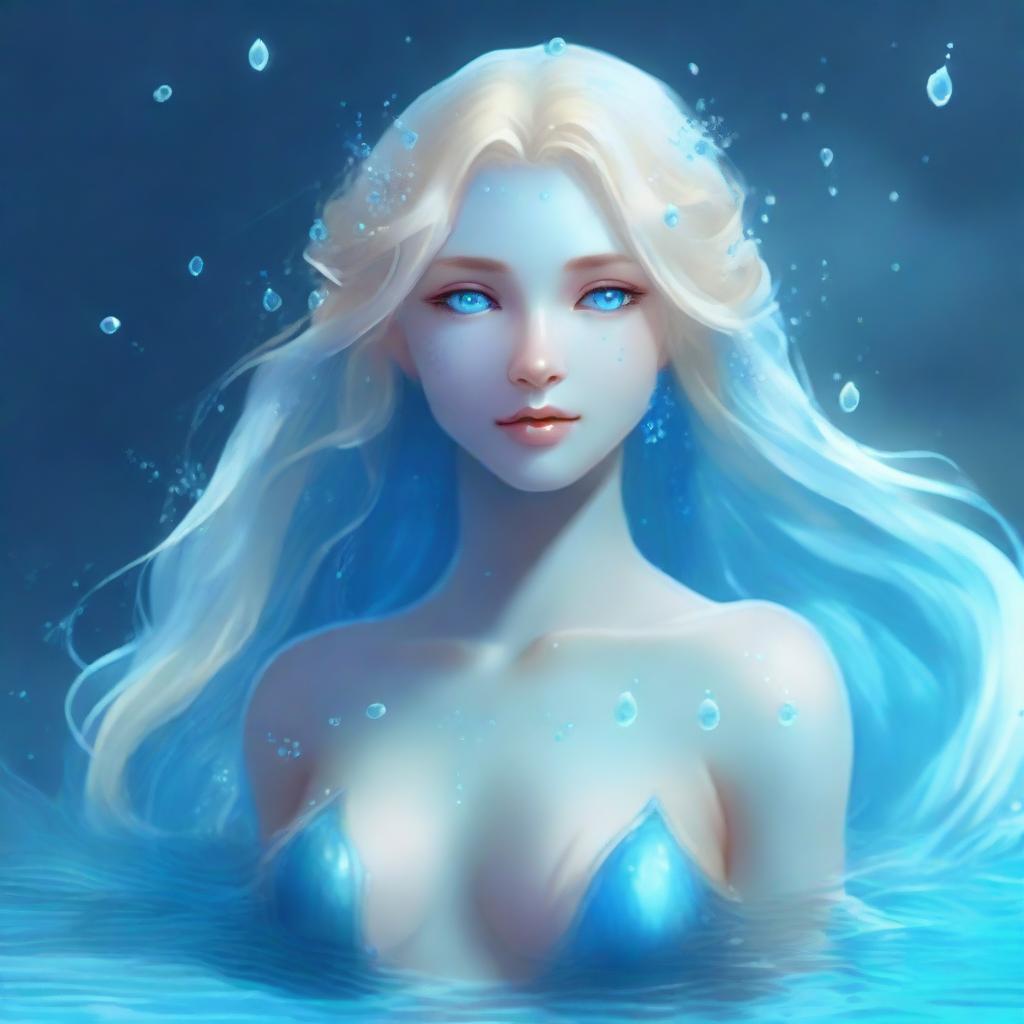 A water genasi with striking blue skin and flowing blonde hair