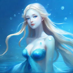 A water genasi with striking blue skin and flowing blonde hair