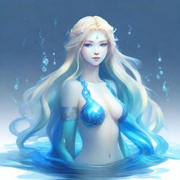 A water genasi with striking blue skin and flowing blonde hair