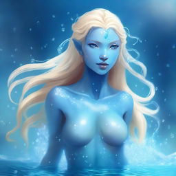 A water genasi with striking blue skin and flowing blonde hair