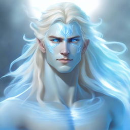 A male water genasi with light blue skin and flowing blonde hair