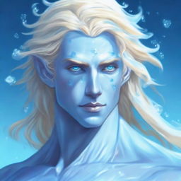 A male water genasi with light blue skin and flowing blonde hair