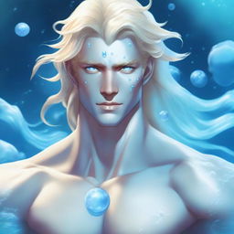 A male water genasi with light blue skin and flowing blonde hair