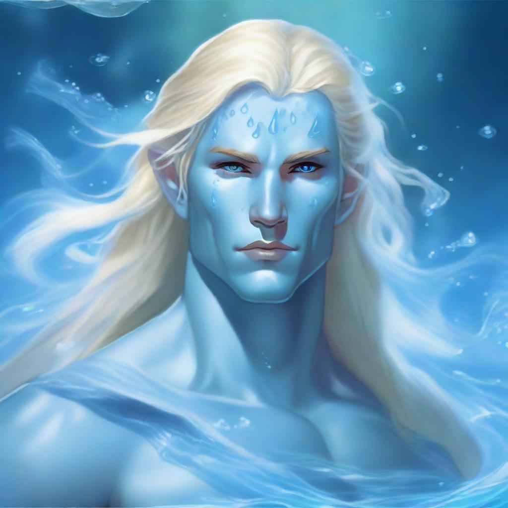 A male water genasi from Dungeons & Dragons with light blue skin and flowing blonde hair