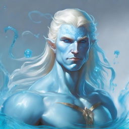 A male water genasi from Dungeons & Dragons with light blue skin and flowing blonde hair