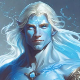 A male water genasi from Dungeons & Dragons with light blue skin and flowing blonde hair