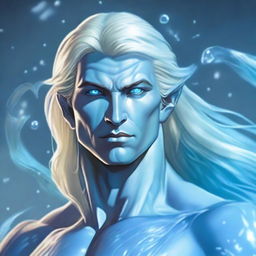 A male water genasi from Dungeons & Dragons with light blue skin and flowing blonde hair