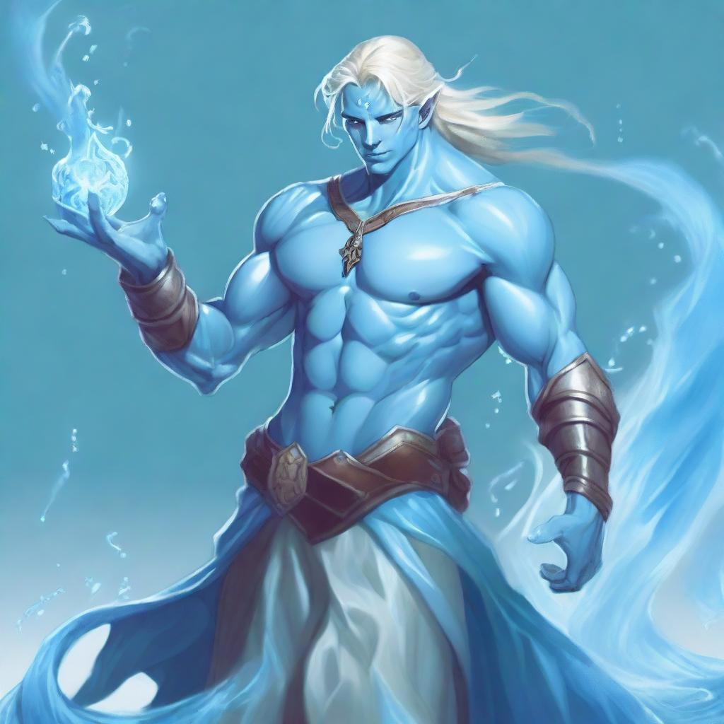 A full-body illustration of a male water genasi from Dungeons & Dragons with light blue skin and flowing blonde hair