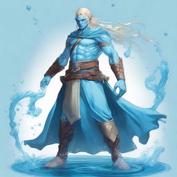 A full-body illustration of a male water genasi from Dungeons & Dragons with light blue skin and flowing blonde hair