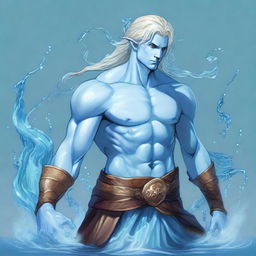 A full-body illustration of a male water genasi from Dungeons & Dragons with light blue skin and flowing blonde hair