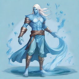 A full-body illustration of a male water genasi from Dungeons & Dragons with light blue skin and flowing blonde hair