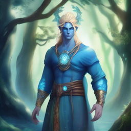 A male water genasi with blue skin and blonde hair, dressed in druidic attire