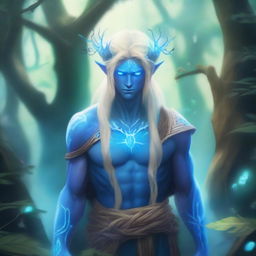 A male water genasi with blue skin and blonde hair, dressed in druidic attire