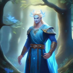 A male water genasi with blue skin and blonde hair, dressed in druidic attire
