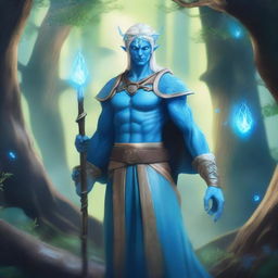 A male water genasi with blue skin and blonde hair, dressed in druidic attire
