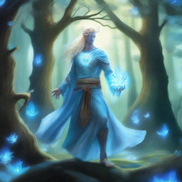 A full-body depiction of a male water genasi with light blue skin and blonde hair, dressed in druidic attire