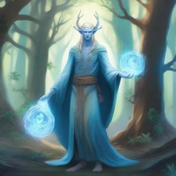 A full-body depiction of a male water genasi with light blue skin and blonde hair, dressed in druidic attire