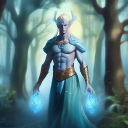 A full-body depiction of a male water genasi with light blue skin and blonde hair, dressed in druidic attire