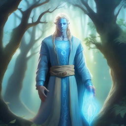 A full-body depiction of a male water genasi with light blue skin and blonde hair, dressed in druidic attire