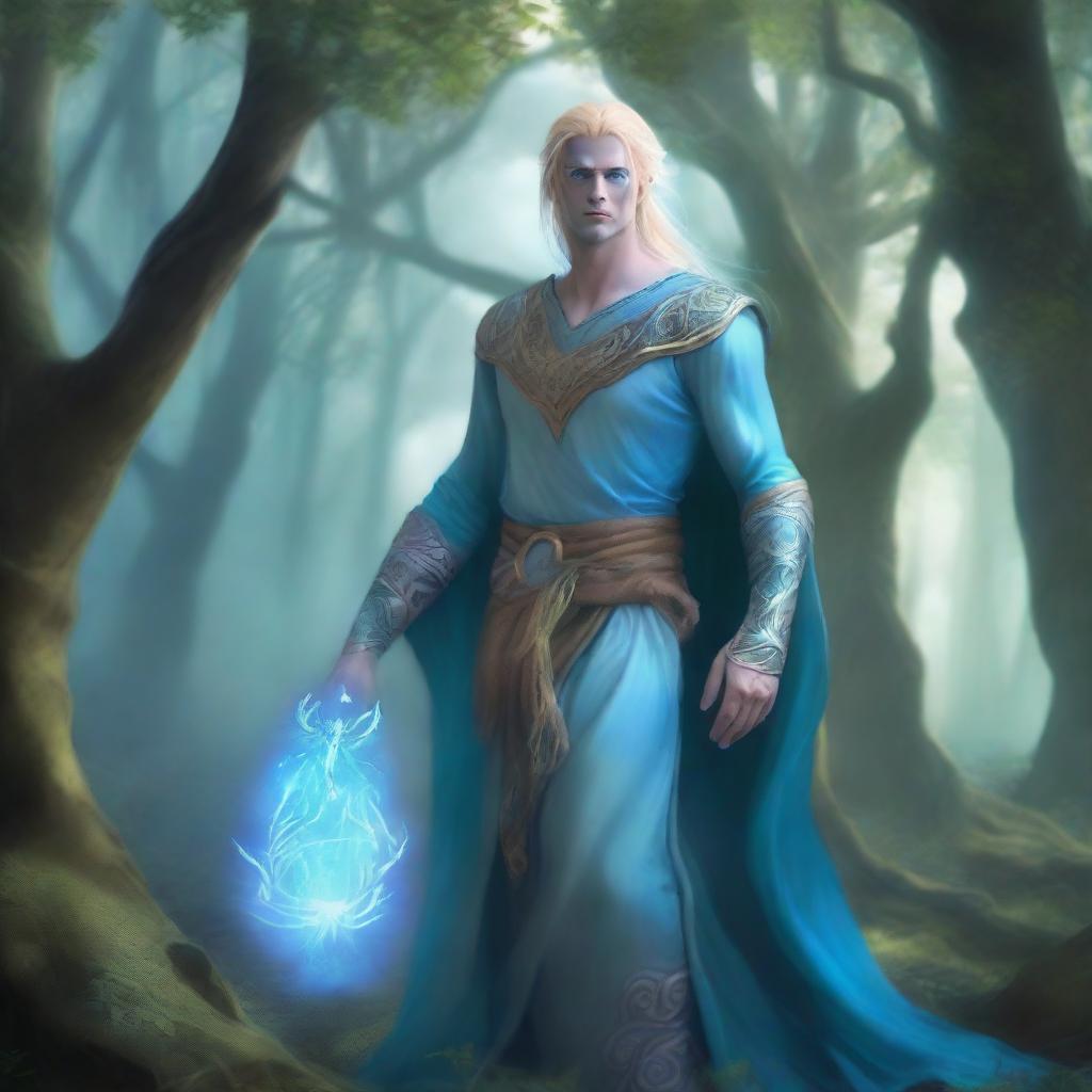 A full-body depiction of a male water genasi with light blue skin and blonde hair, dressed in druidic attire