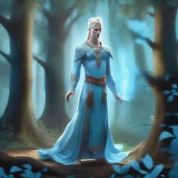 A full-body depiction of a male water genasi with light blue skin and blonde hair, dressed in druidic attire