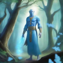 A full-body depiction of a male water genasi with light blue skin and blonde hair, dressed in druidic attire