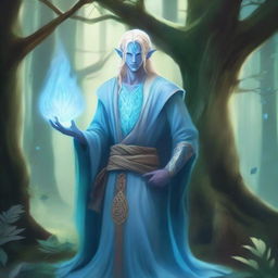 A full-body depiction of a male water genasi with light blue skin and blonde hair, dressed in druidic attire