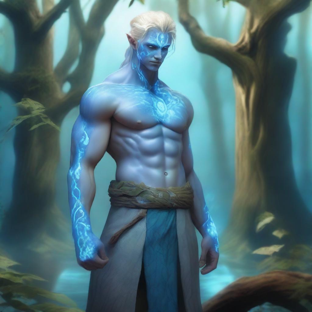 A full-body depiction of a male water genasi with light blue skin and blonde hair, dressed in druidic attire