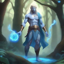 A full-body depiction of a male water genasi with light blue skin and blonde hair, dressed in druidic attire